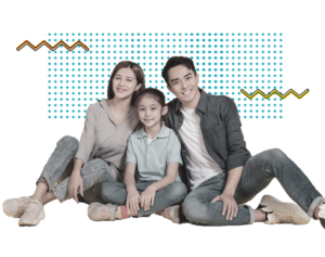 Graphic showing smiling parents and young daughter sitting with their arms around each other